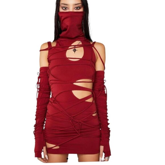 Dolls Kill Darer Wave‎ Womens XXS Modulation Oxblood Strappy Cut Out Dress - Picture 2 of 9